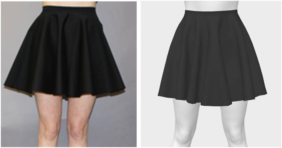 Figure 3 
                  Drape images of Skirt 6 on a participant for real try-on and virtual try-on.
               