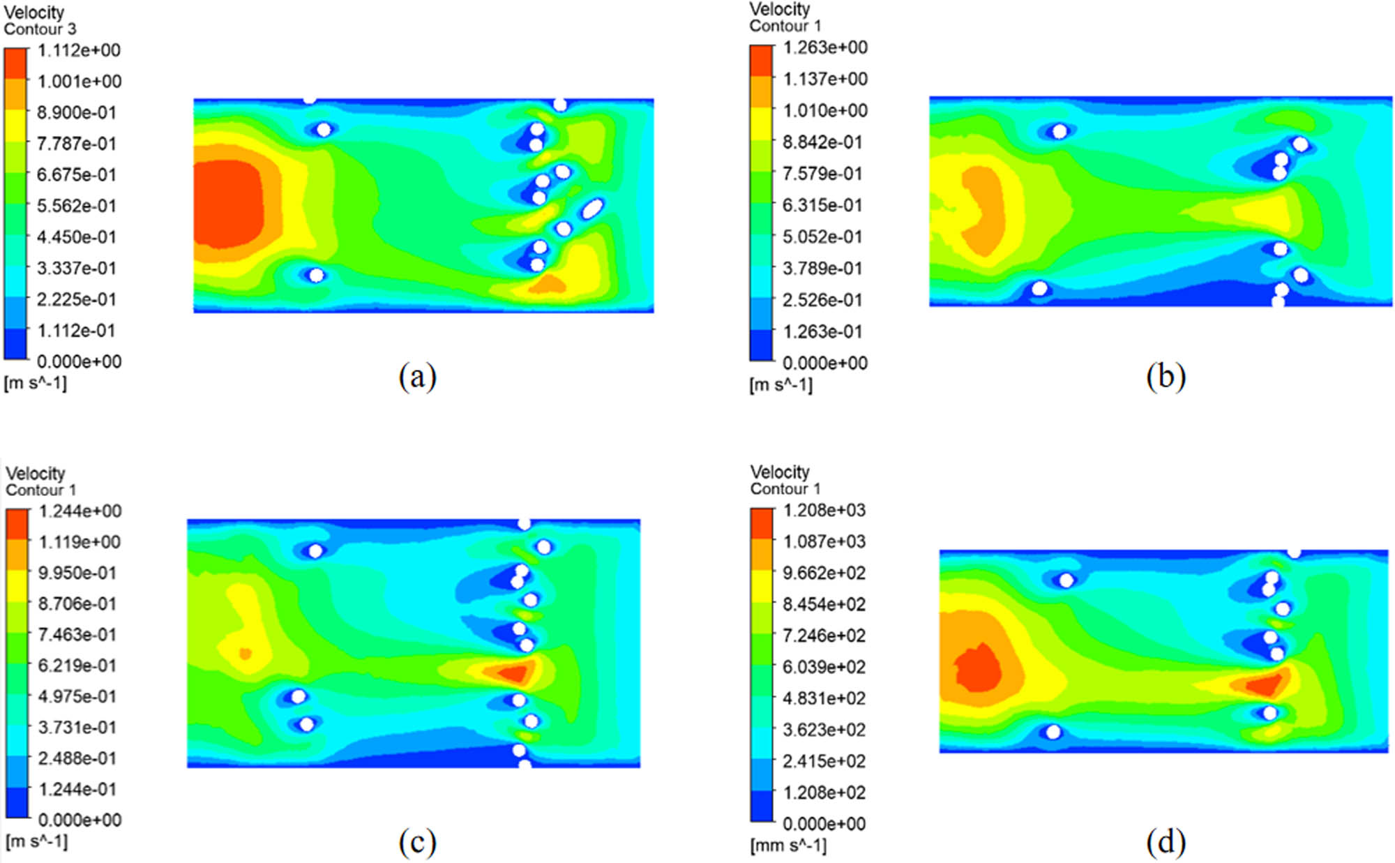 Figure 10 
                  Cross section velocity cloud map. (a) S1, (b) S2, (c) S3, (d) S4.
               