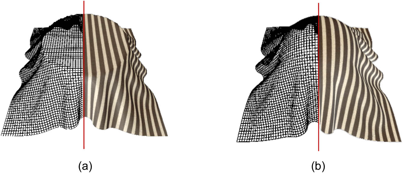 Figure 3 
                  Virtual fabric. (a) Fabric with a disc supporter. (b) Fabric with a sphere supporter. Note: A disc supporter is achieved through the process of vertical projection, specifically by projecting the particles that surpass the disc above it. While a sphere supporter is obtained by the radius projection, that is, to project the particles inside the sphere along the radius onto its surface.
               