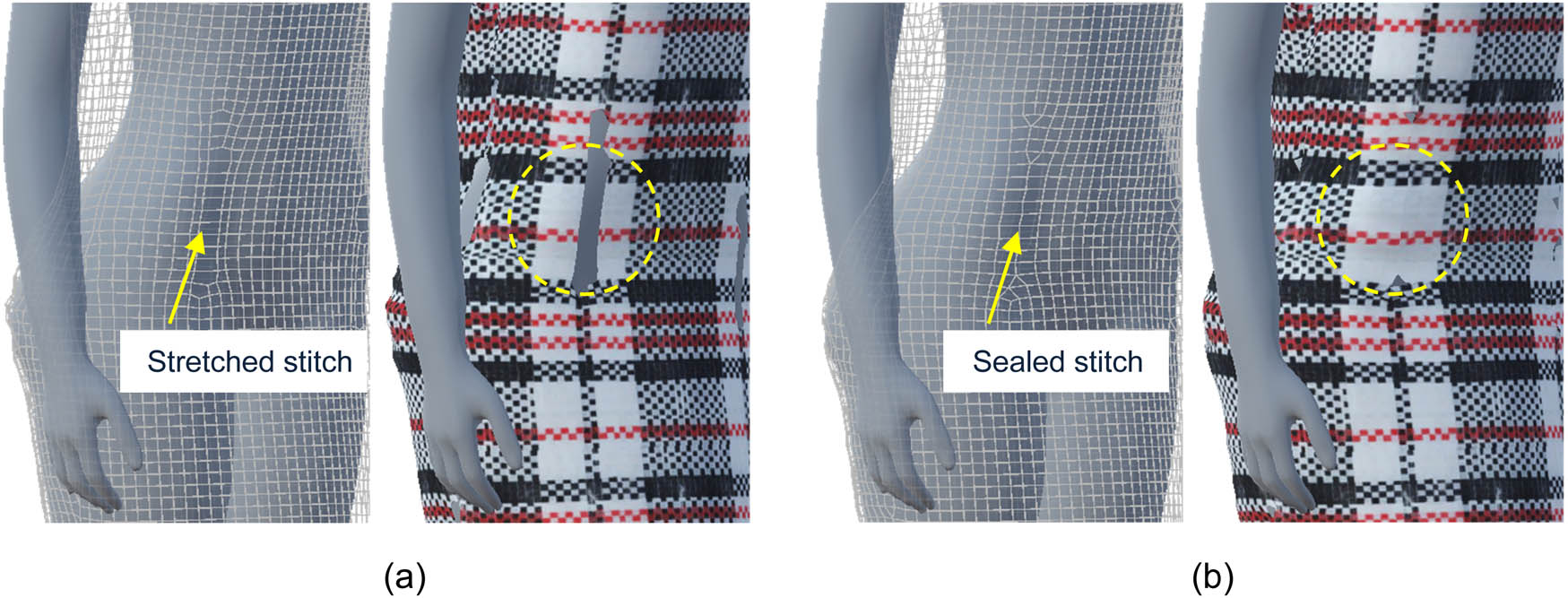 Figure 15 
                  Improved rendering with constraints. (a) Visual defect and (b) defect removed.
               