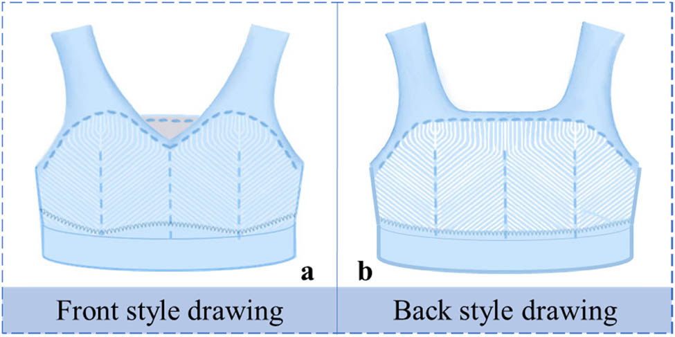 Figure 7 
                     Style diagram of fully formed sports underwear. (a) Front style drawing and (b) back style drawing.
                  