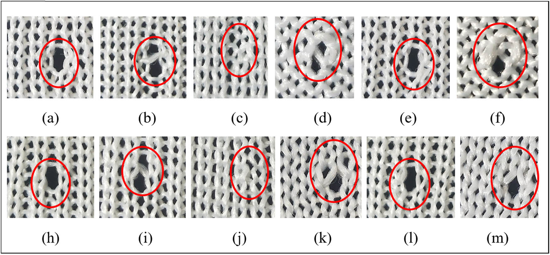 Figure 8
Physical image of the weft-knitted transfer fabric samples. (a) Front side of single row of transfers and surrounded by loops, (b) Front side of single row of transfers and below no loops, (c) Front side of single row of transfers and above no loops, (d) Front side of single row of transfers and Surrounded by no loops, (e) Front side of cross rows of transfers and surrounded by loops, (f) Front side of cross rows of transfers and surrounded by no loops, (h) Reverse side of single row of transfers and surrounded by loops, (i) Reverse side of single row of transfers and below no loops, (j) Reverse side of single row of transfers and above no loops, (k) Reverse side of single row of transfers and Surrounded by no loops, (l) Reverse side of cross rows of transfers and surrounded by loops and (m) Reverse side of cross rows of transfers and surrounded by no loops.