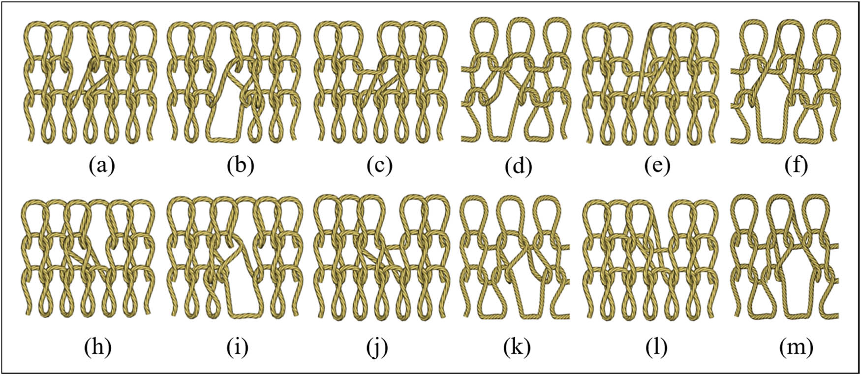 Figure 9
The actual deformation of weft-knitted transfer fabrics. (a) Front side of single row of transfers and surrounded by loops, (b) Front side of single row of transfers and below no loops, (c) Front side of single row of transfers and above no loops, (d) Front side of single row of transfers and Surrounded by no loops, (e) Front side of cross rows of transfers and surrounded by loops, (f) Front side of cross rows of transfers and surrounded by no loops, (h) Reverse side of single row of transfers and surrounded by loops, (i) Reverse side of single row of transfers and below no loops, (j) Reverse side of single row of transfers and above no loops, (k) Reverse side of single row of transfers and Surrounded by no loops, (l) Reverse side of cross rows of transfers and surrounded by loops and (m) Reverse side of cross rows of transfers and surrounded by no loops.