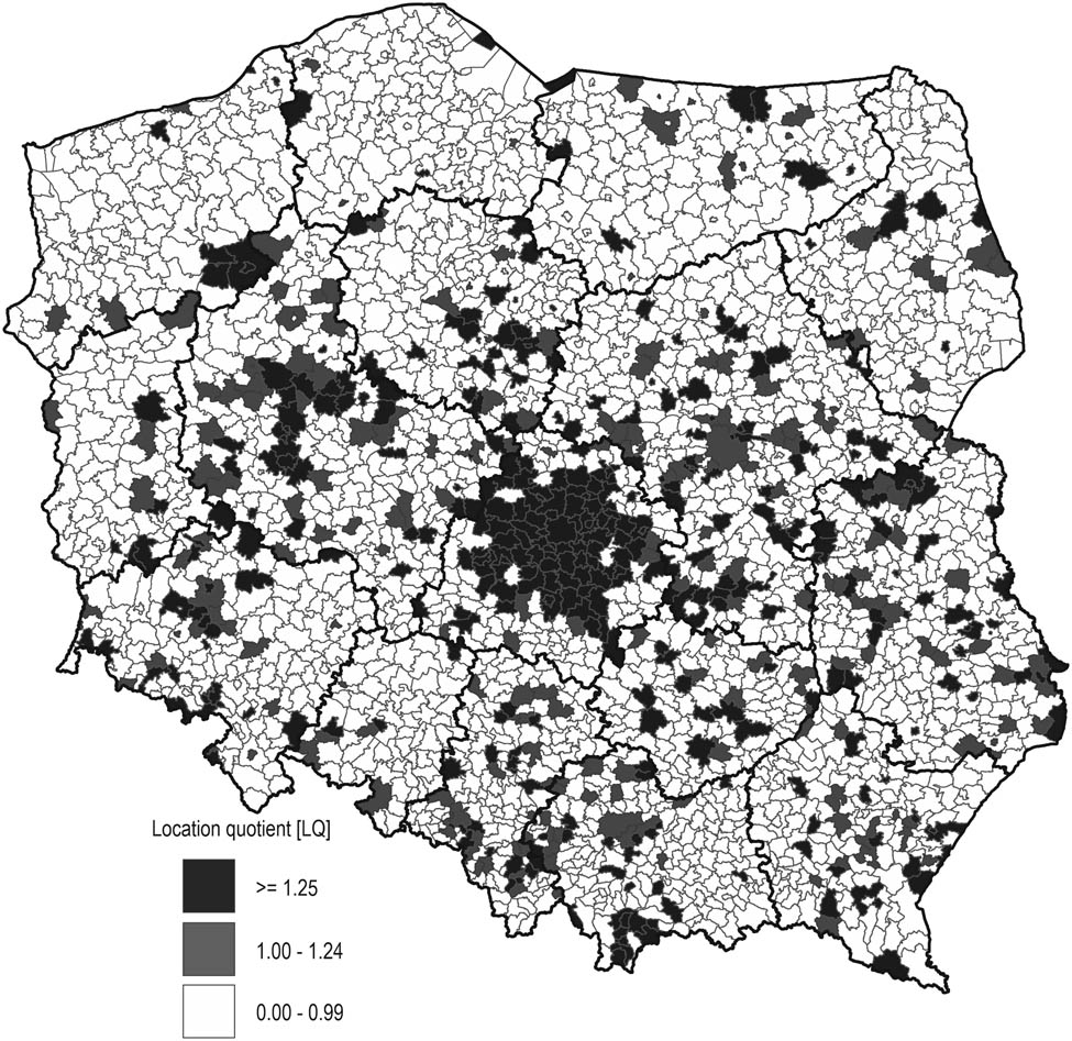 Figure 2 
                  LQ of firms in the clothing sector (NACE 14) in Poland in 2023. Source: authors’ own elaboration based on SP data.
               