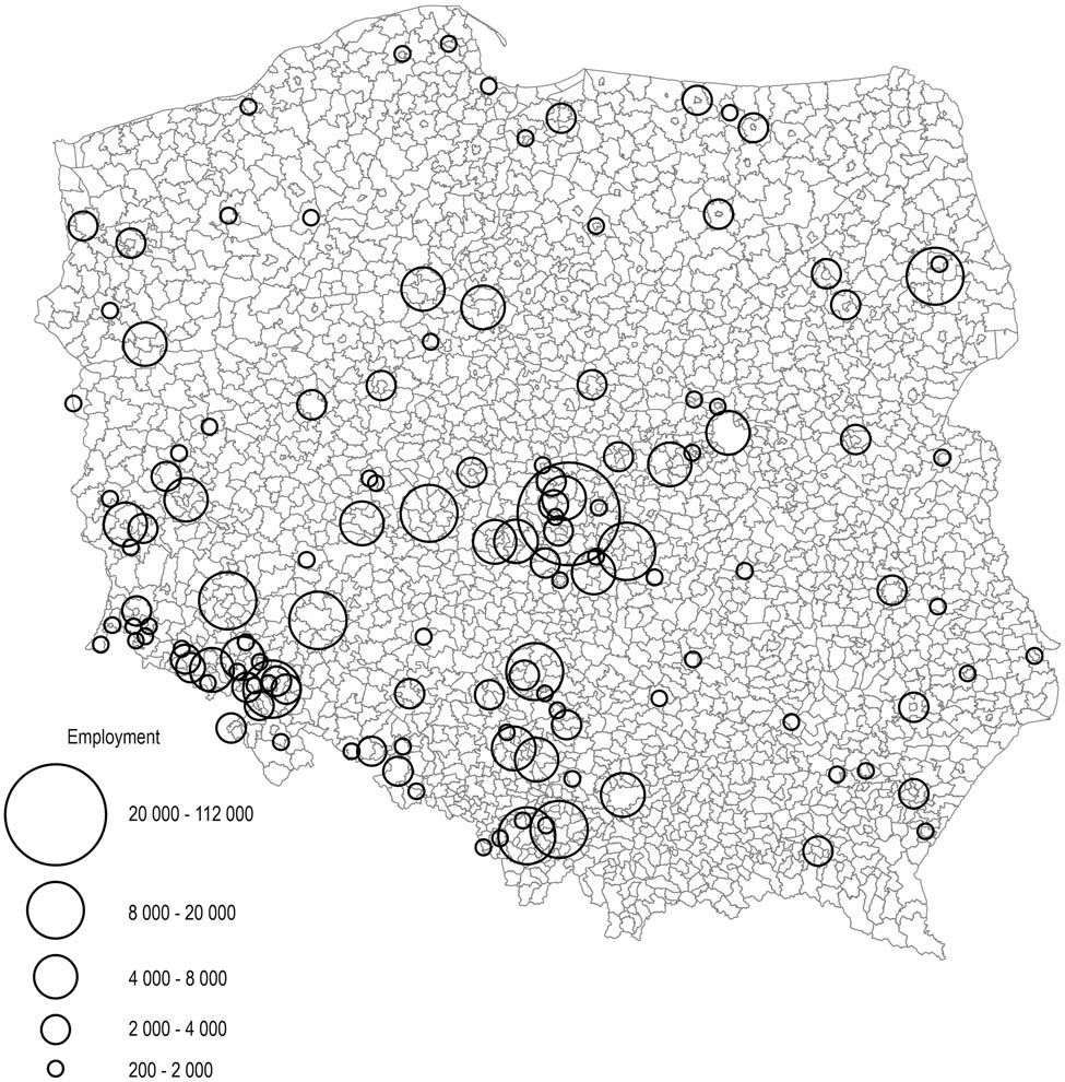 Figure 3 
                  Employment in the clothing and textile industry in Poland in 1980a. aEmployment in companies including branch plants. Source: authors’ own elaboration based on Ministry of Light Industry data.
               