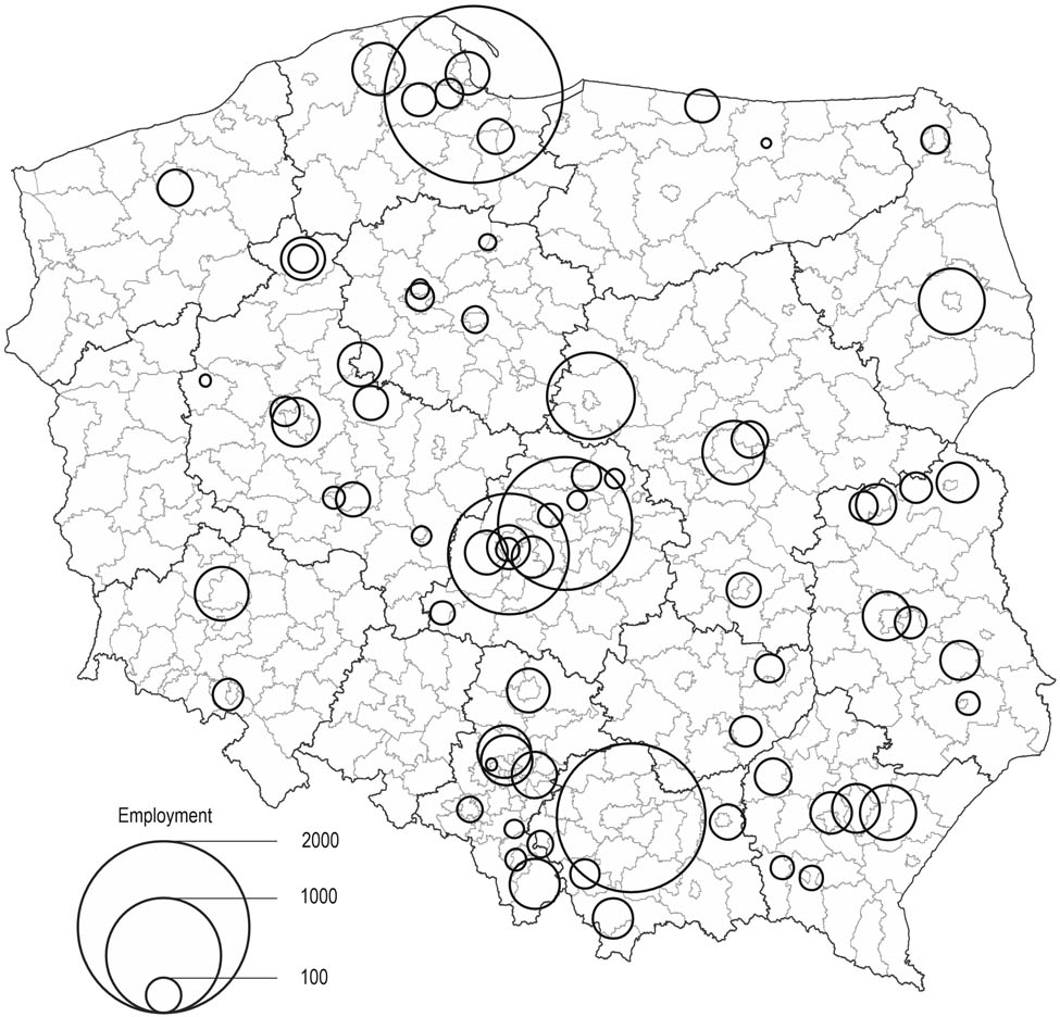 Figure 4 
                  Employment in the 100 largest clothing and fashion firms in Poland in 2018a. aTo reflect the current situation, the figures for employment in the largest firms, representing NACE 14, were complemented with data on employment in the 10 largest Polish fashion firms (NACE 46 or 47). Source: authors’ own elaboration based on National Court Register (KRS) reports for turnover in 2018.
               