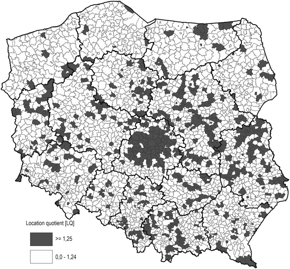 Figure 5 
                  LQ of newly established firms in the clothing industry (NACE 14) in Poland in 2013–2023. Source: authors’ own elaboration based on SP data.
               