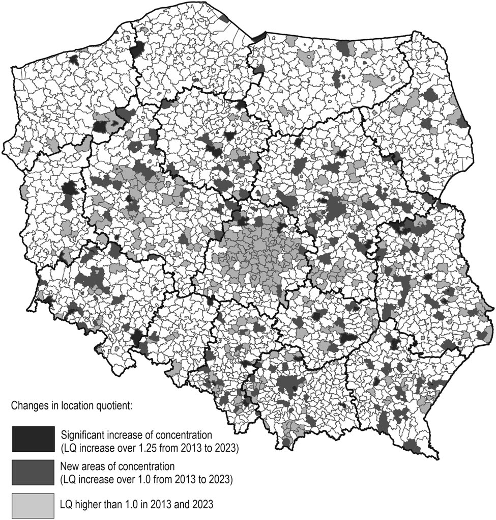 Figure 6 
                     Changes in the concentration of the clothing industry (NACE 14) in Poland in 2013–2023. Source: authors’ own elaboration based on SP data.
                  