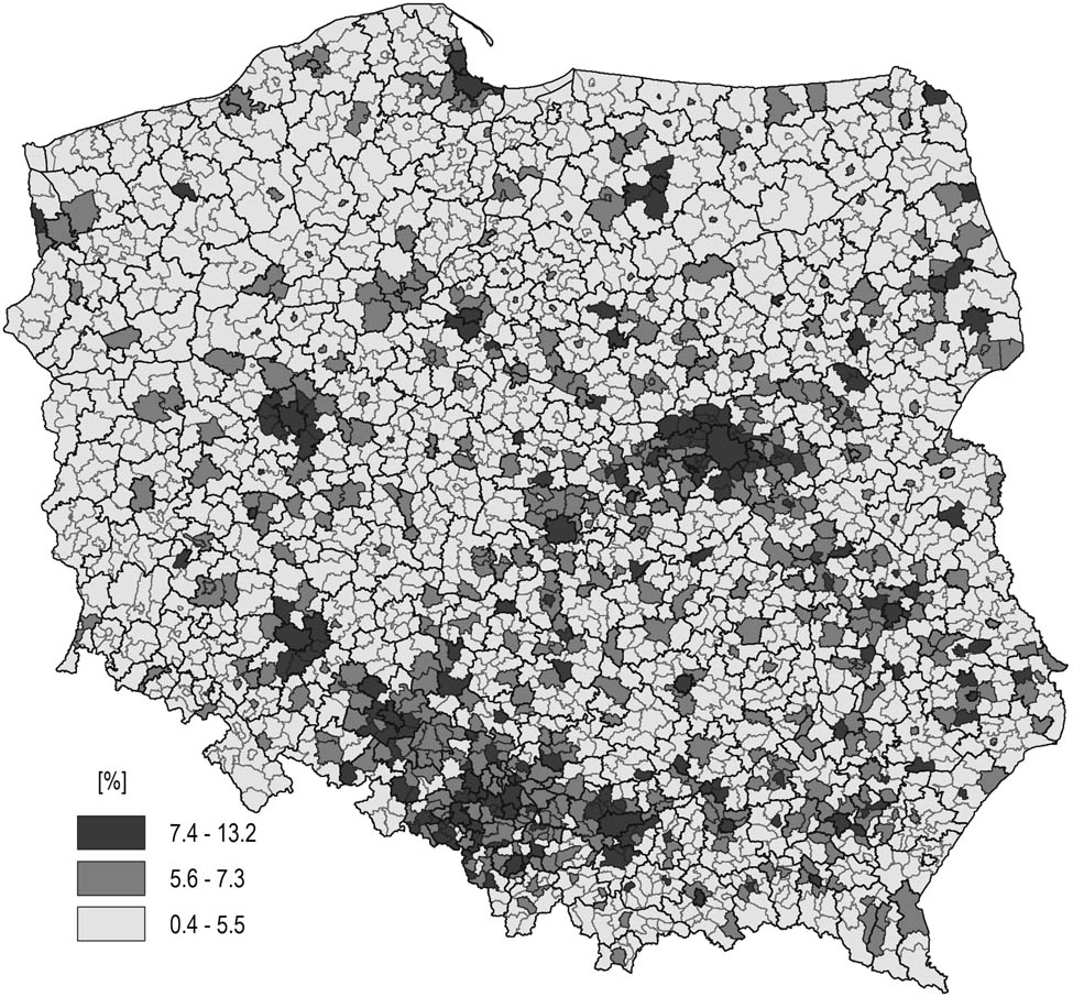Figure 7 
                     Share of newly registered creative firms in the total number of newly registered businesses in Polish municipalities between 2013 and 2019. Source: authors’ own elaboration based on SP data.
                  