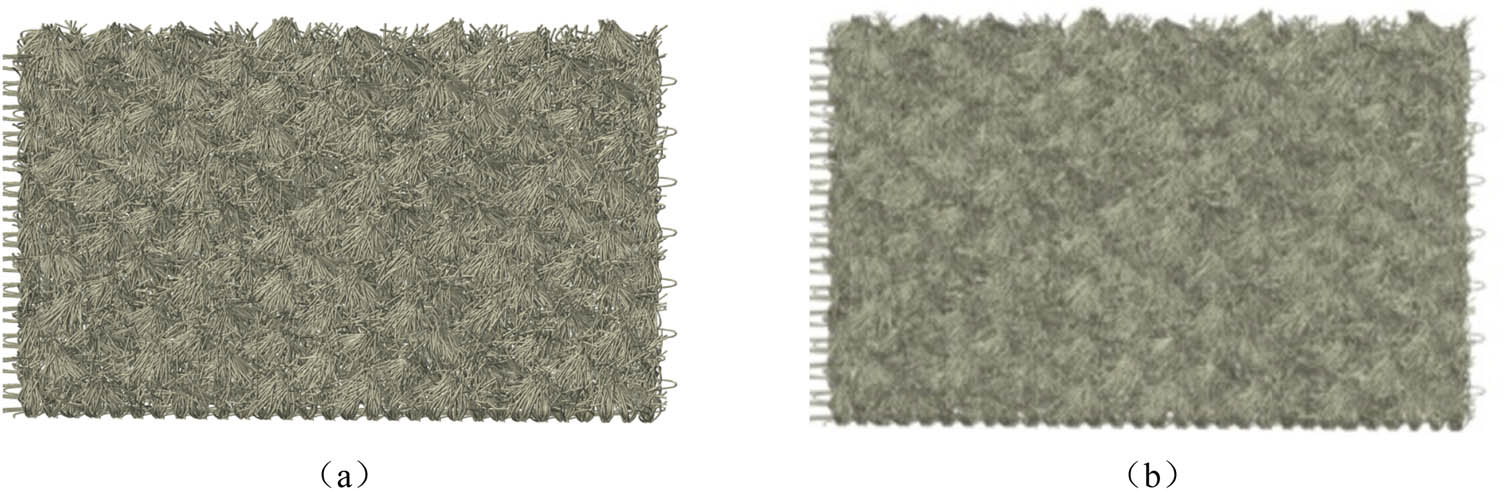Figure 10 
                  Comparison of blurring process for clustered pile fabric: (a) before blurring and (b) after blurring.
               