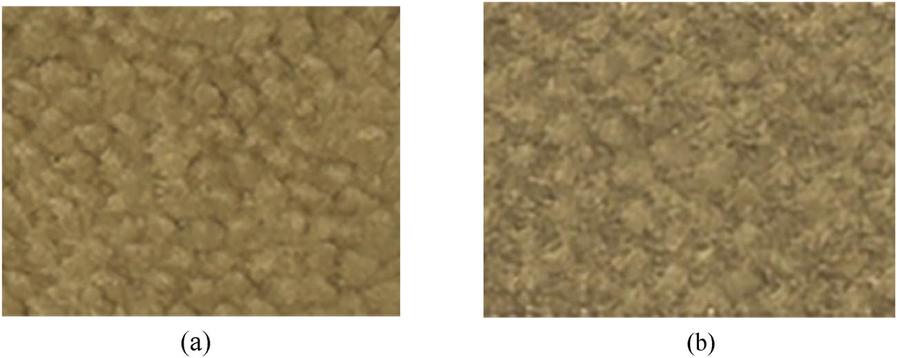 Figure 12 
                  Simulation of solid color clustered pile fabrics: (a) physical picture and (b) fabric simulation.
               