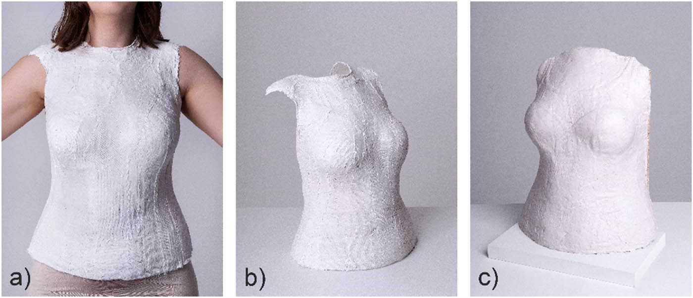 Figure 3
Modeling of the front plaster mold: (a) applied plaster bandages on the woman’s chest, (b) finished plaster mold of the front of the woman’s chest, and (c) ballistic substrate corresponding to the woman’s anatomy.