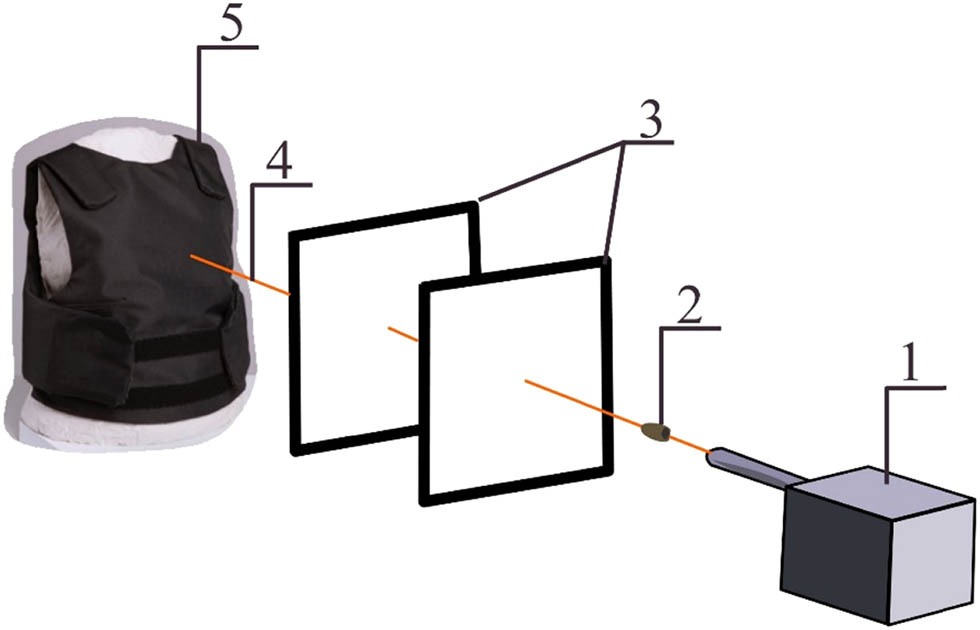 Figure 7
Schematic representation of the ballistic tunnel: 1 – ballistic gun, 2 – bullet, 3 – gates for measuring the velocity of the bullet impact, 4 – flight path of the bullet, and 5 – ballistic package located on a substrate with female anatomy.
