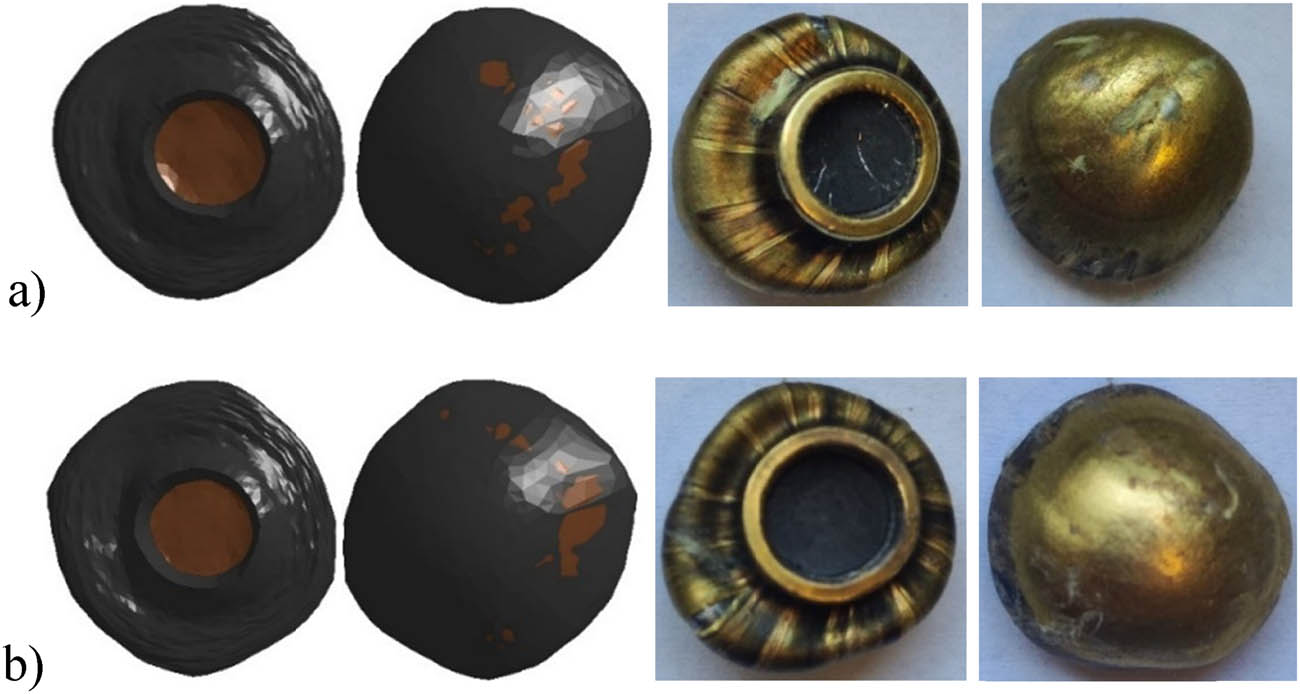 Figure 15
View of the bullet from numerical and experimental studies for: (a) 16 layers and (b) 30 layers.