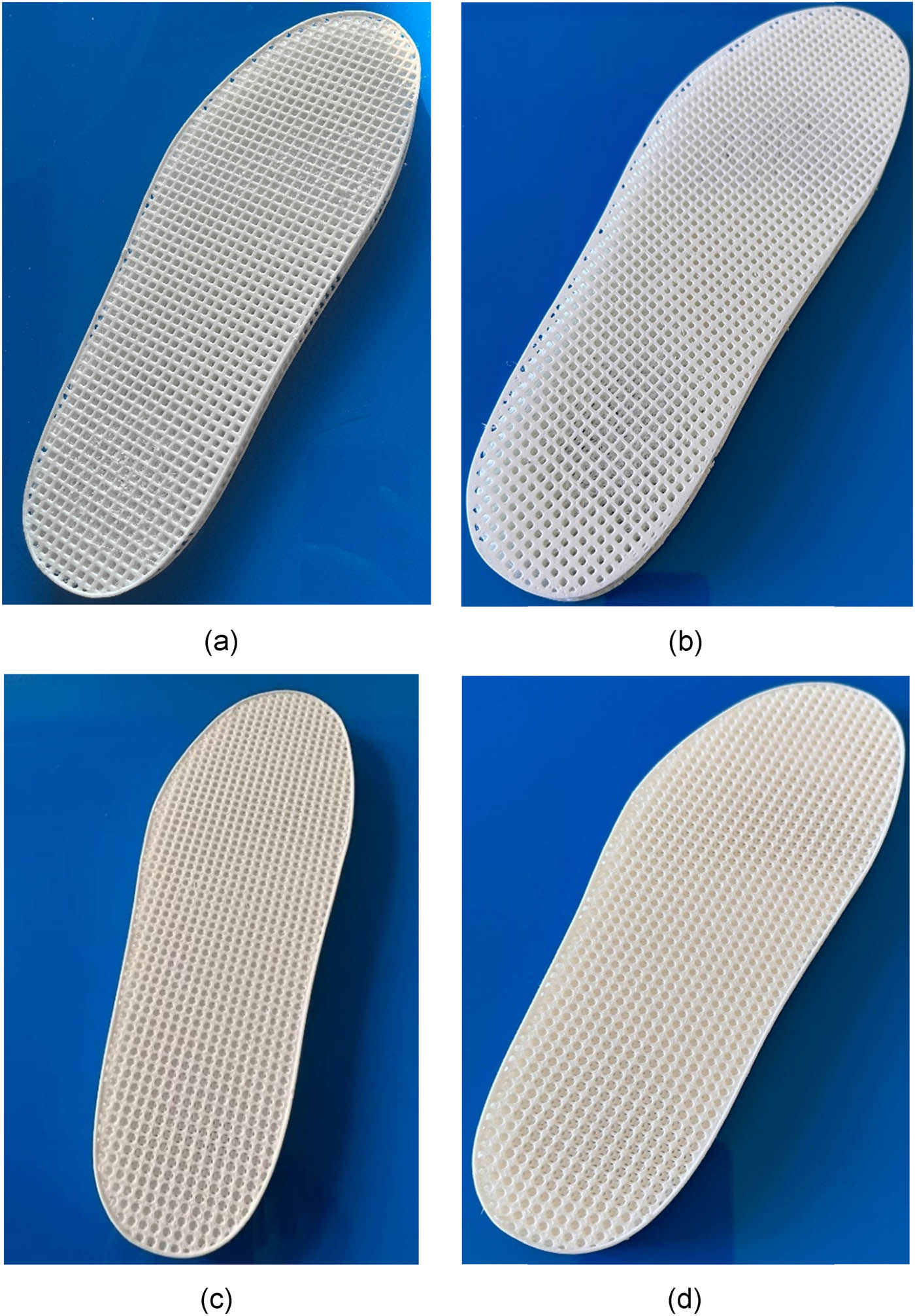 Figure 10
Results of 3D printed insoles. (a) Uniform density VC. (b) PSO and variable density VC. (c) Uniform density BCCZ. (d) PSO and variable density BCCZ.