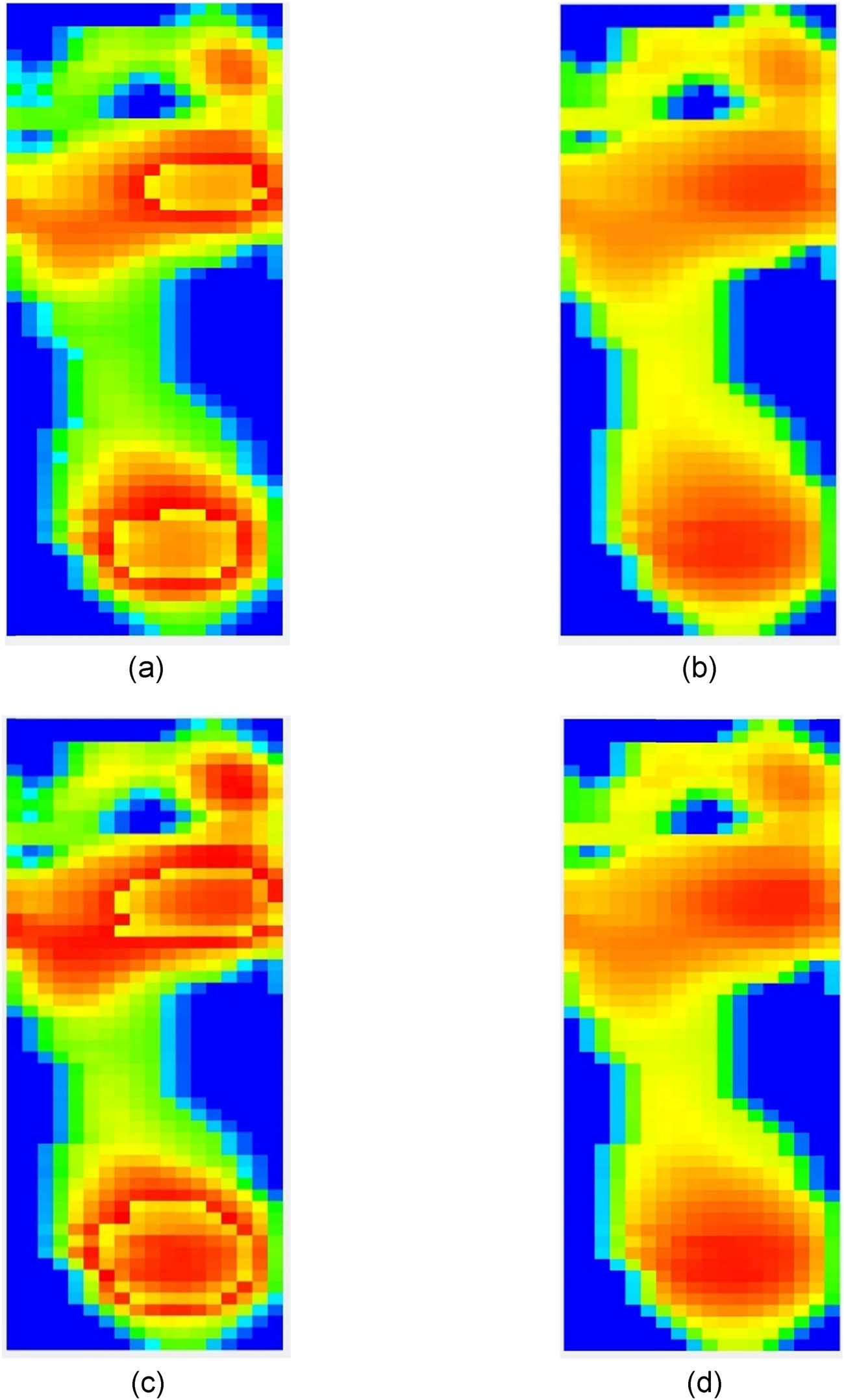 Figure 11
Pressure distribution cloud map of insoles before and after optimization. (a) Uniform density VC. (b) PSO and variable density VC. (c) Uniform density BCCZ. (d) PSO and variable density BCCZ.