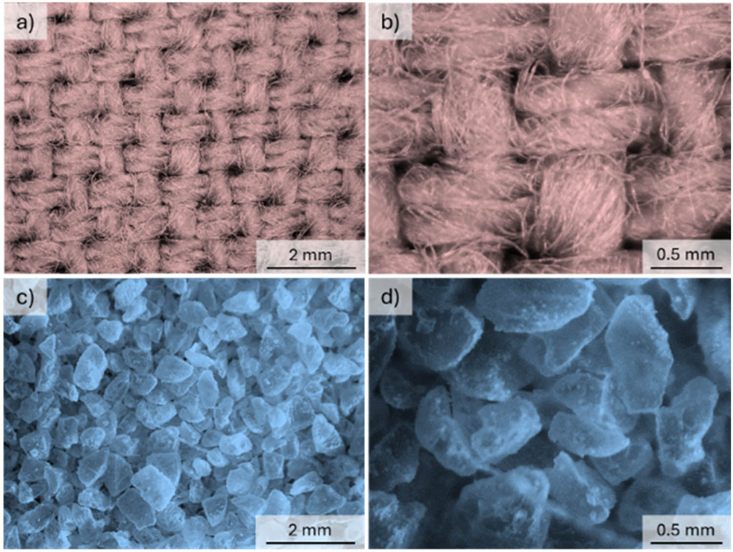 Figure 6
Optical microscopy images of cotton fabric (a and b) and aerogel (c and d).
