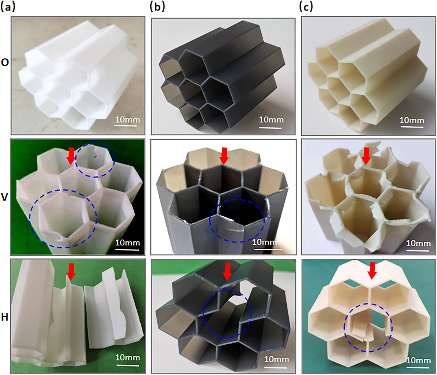 Figure 5
Failure patterns of three types of honeycomb structural components before and after compression test. (a) DSM 8000, (b) Somos® Taurus, and (c) FS 3400GF (O represents uncompressed state, V represents vertical, and H represents transverse, the red arrow represents the direction of force application and the blue circle represents the location of transverse failure).