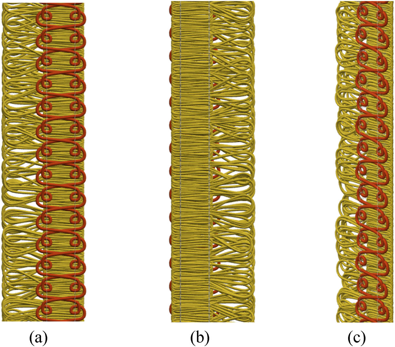 Figure 13
Fabric design simulation drawing: (a) Front of the simulation image, (b) back of the simulation drawing, and (c) side view of the simulation diagram.