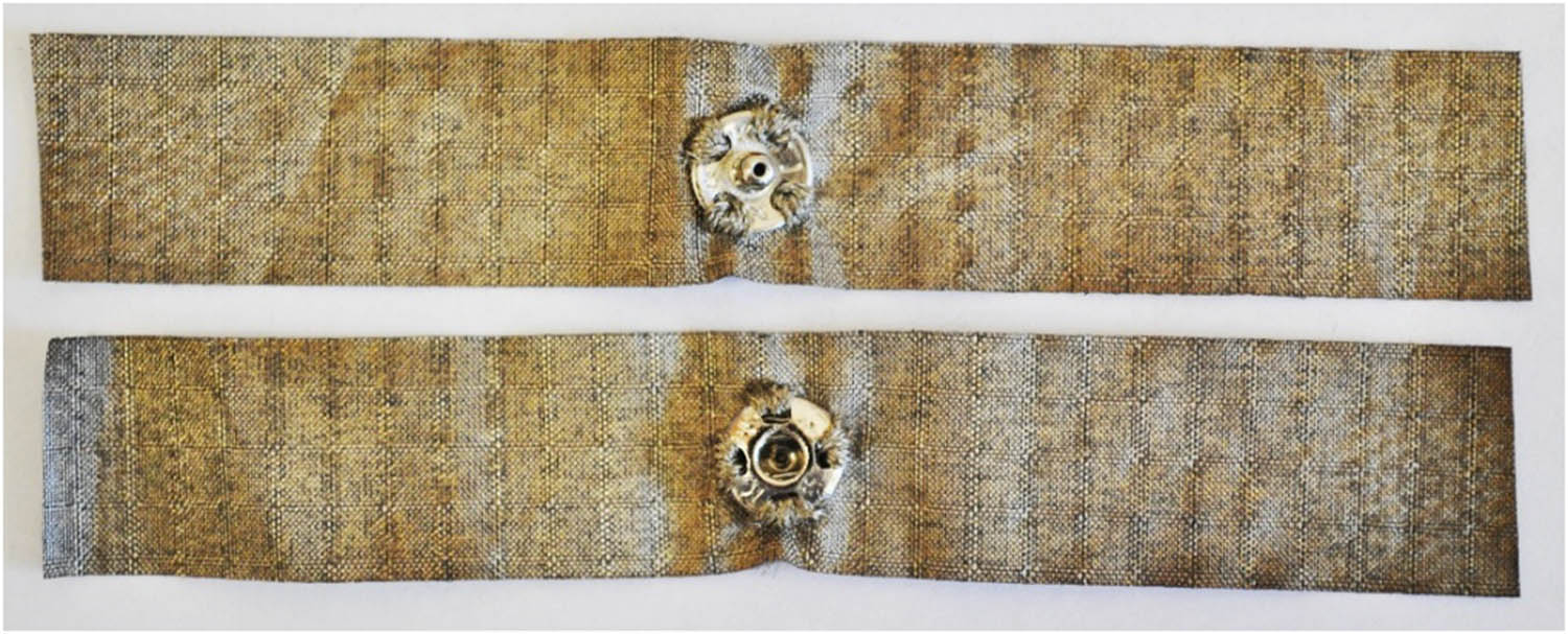 Figure 4
The appearance of the tested Berlin RS fabric sample (with a small snap fastener attached to an electroconductive thread).