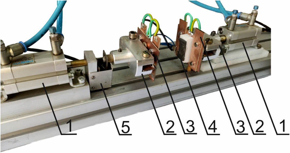 Figure 6
Sample mounting holders and pneumatic actuators (1 – pneumatic actuators, 2 – clamps, 3 – sample mounting holders, 4 – foam, 5 – force sensor).