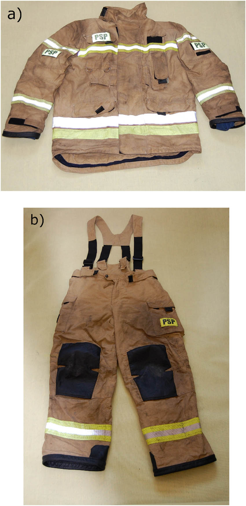 Figure 1 
                  Photographs of firefighter protective clothing type B after use in a live-fire training simulator (a – jacket, b – trousers).
