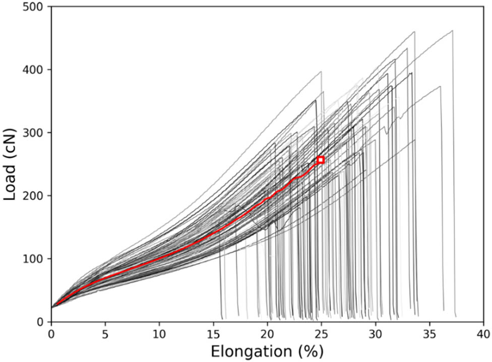 Figure 2
Experimental load–elongation curves for PEE1 elastomeric yarn and its “average load-elongation curve” (the red curve).