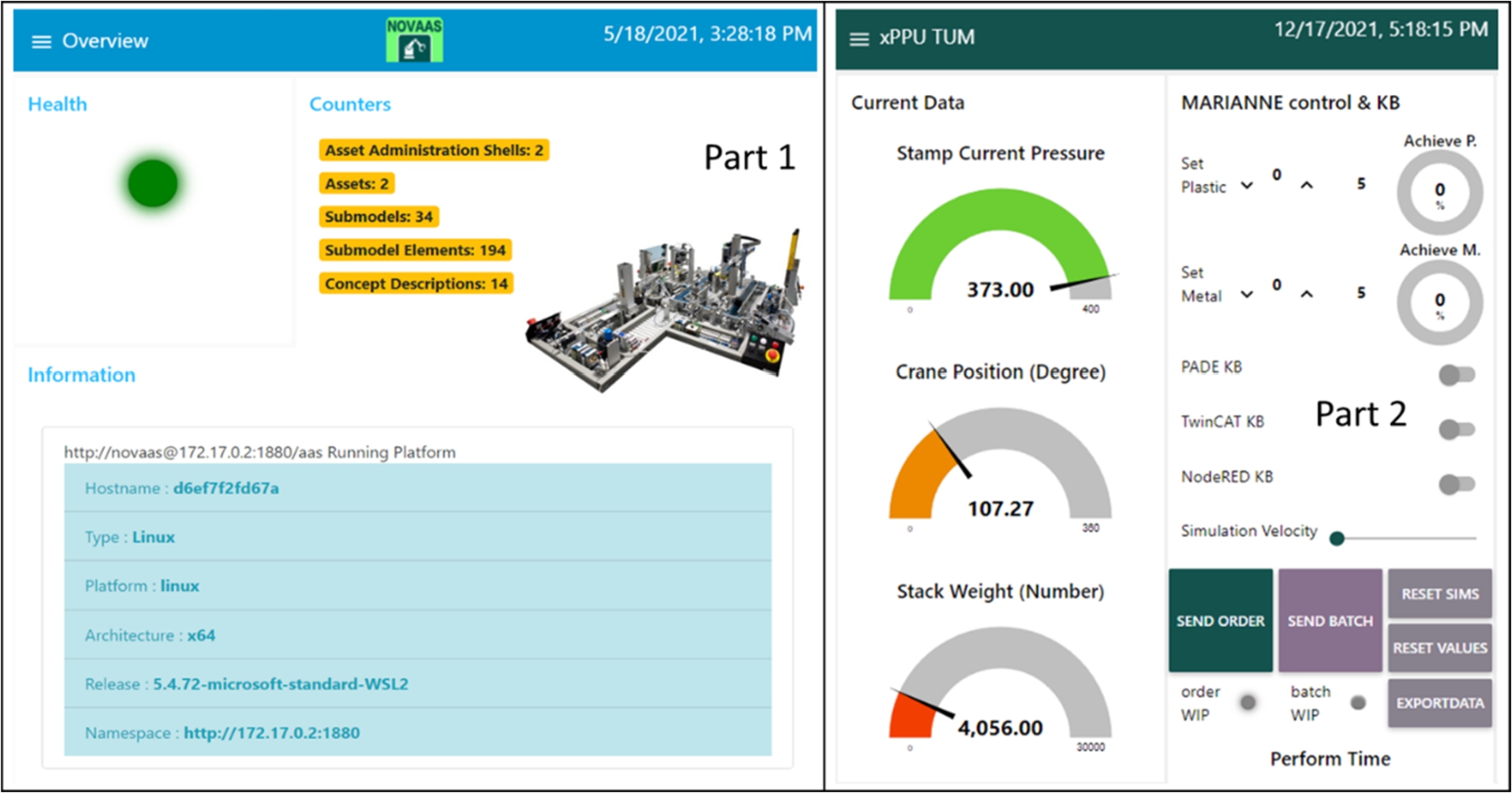Figure 4 
Dashboard and interfaces (GUI) of the implementation: 1) xPPU’s NOVAAS dashboard, 2) CPPS’ HMI in Node-RED.
