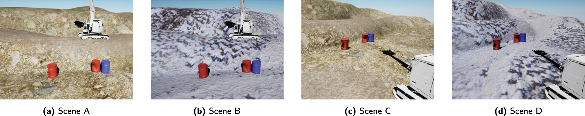 Figure 6:
Different scenes in unreal simulation. All parameters such as textures, colors and modes of different assets can be modified using the USD structure as single source of truth.