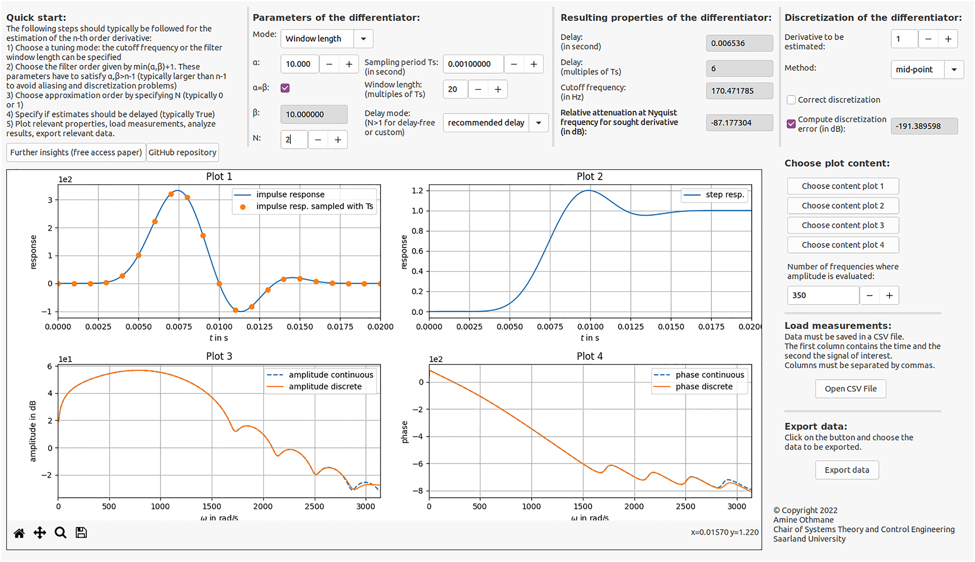 Figure 1:
Screenshot of the GUI for a specific parametrisation of algebraic differentiators.