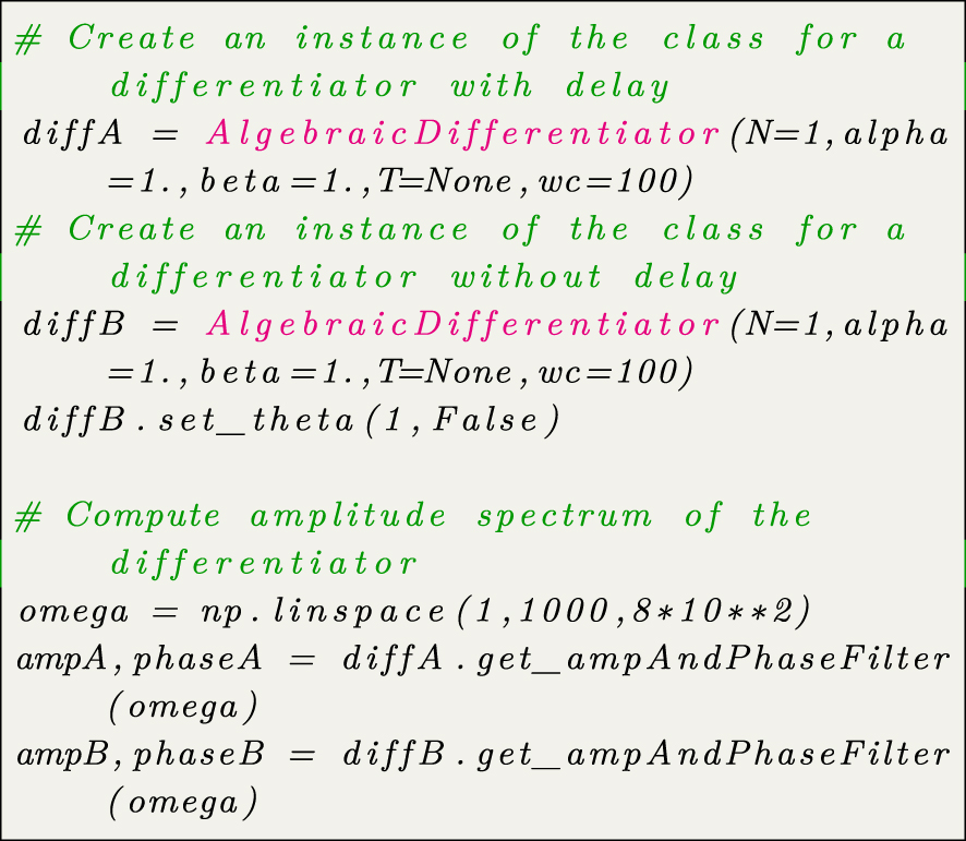 Code snippet 3:
Comparison of amplitude spectra for differentiators with and without delay.