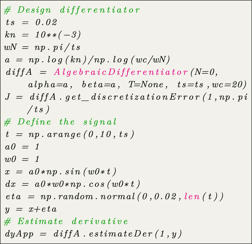 Code snippet 8:
Approximation of a derivative of a given signal using a differentiator designed with desired frequency-domain properties.