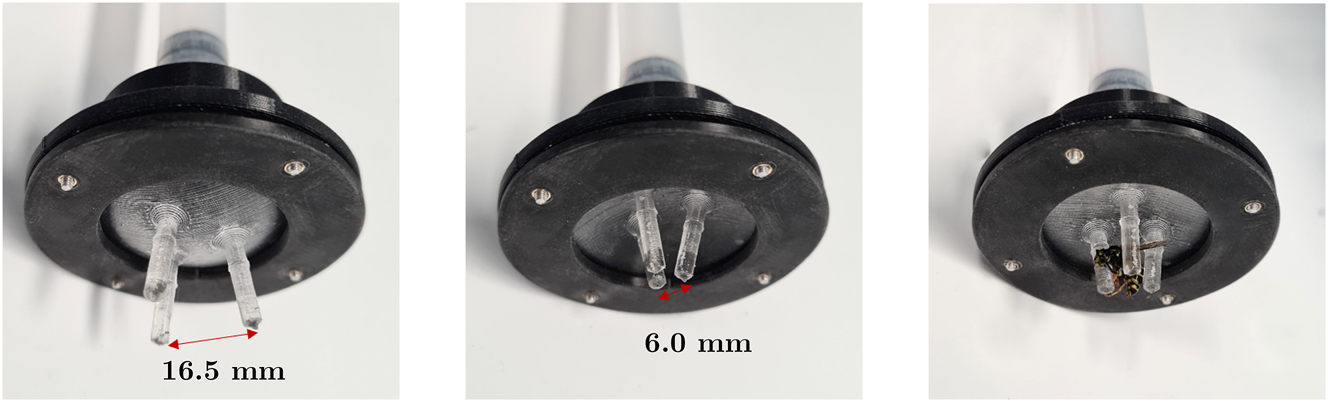 Figure 3: 
The mini-gripper with three fingers in its opened position (left), in its closed position (center), and while holding an insect (right).
