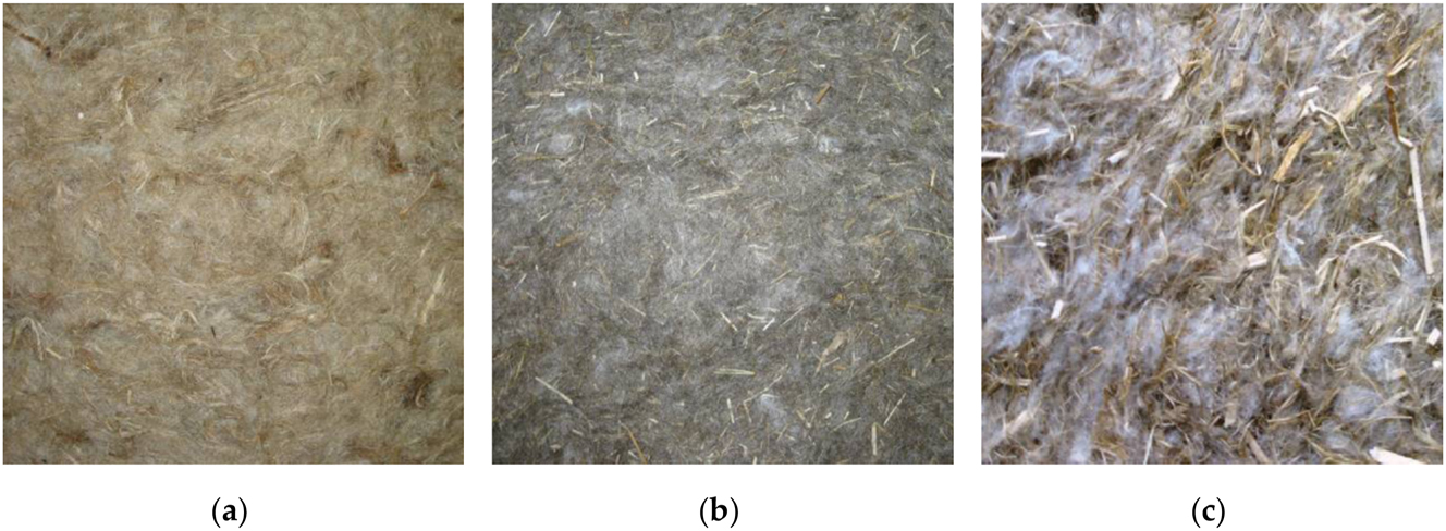 Figure 1: 
Surface structure of the test specimens of the developed insulation materials made of natural fibers [2]: (a) jute; (b) flax; (c) hemp.
