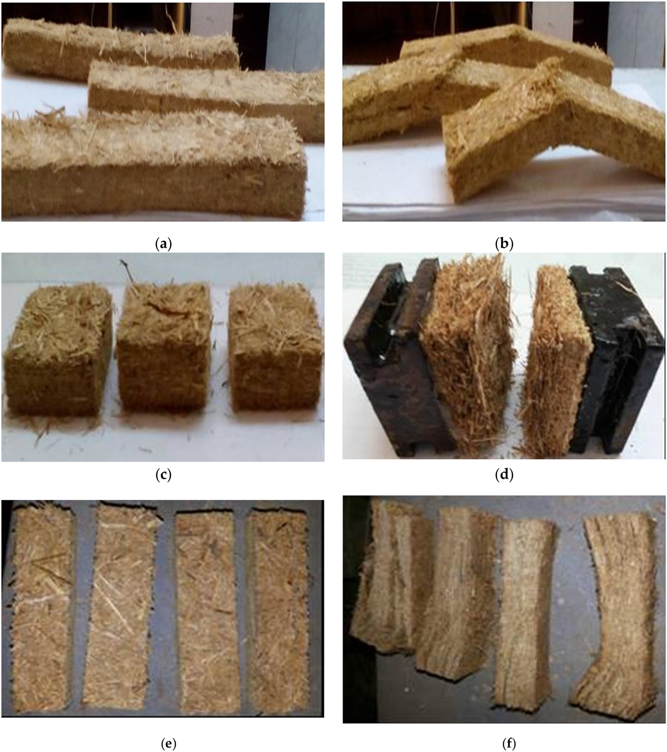 Figure 2: 
Test specimens of particleboard before (a, c, e) and after (b, d, f) the test procedure [3]: (a, b) static bending test; (c, d) tensile test; (e, f) compressive strength test.
