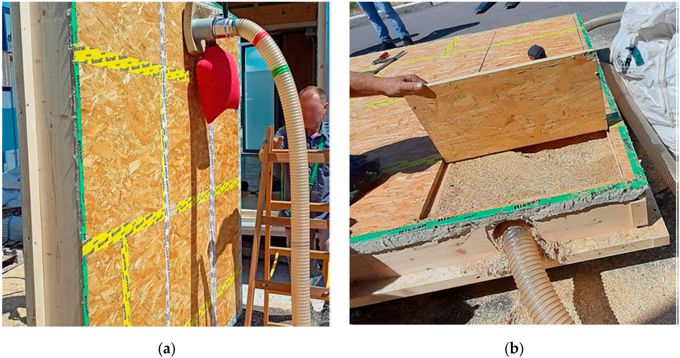 Figure 3: 
Investigation of different techniques for blowing in chopped straw [6]: (a) vertical blowing technique; (b) horizontal blowing technique.
