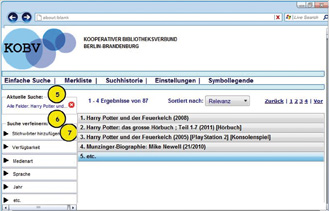 Abb. 1: Mock-up zu Ergebnisseite mit Facettenleiste inkl. Verfügbarkeitsfacettenwert und Trefferliste, erstellt von Studierenden der HU Berlin, 12.2013.