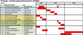 Abb. 1: Zeitplan Strategie- und Neuorganisationsprozess ZB MED.8DL bedeutet Dienstleister, HTW meint die Hochschule für Technik und Wirtschaft in Chur.