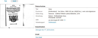 Abb. 3: Titelaufnahme der Avisen Johann Carolus mit unterschiedlichen Schrifttypen.