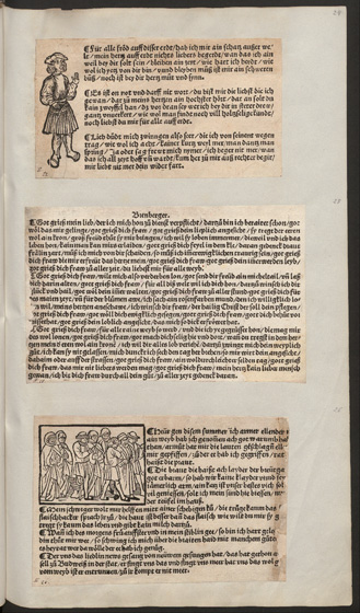 Abb. 4:  Blatt mit drei Liedflugblättern (ca. 1520–1525) aus dem ersten Band der Berliner Klebealben, SBB-PK, Yd 7801 R. 