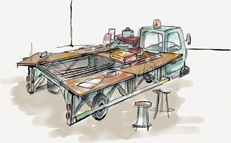 Abb. 1: Multifunktionalität in außergewöhnlichem Design: Kaffeebar, Zeitschriftenlese- und Kinderwagenparkplätze in Gestalt eines Gepäcktransporters.