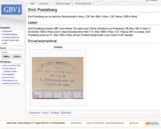 Abb. 2: Eintrag der Württembergischen Landesbibliothek im Provenienz-Wiki des GBV zu Emil Postelberg.