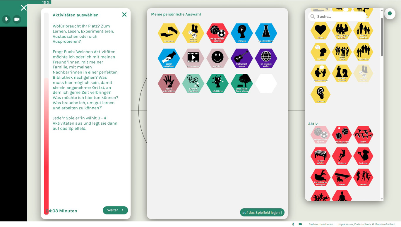 Abb. 5: Erste Spielschritte und Spielsteine im digitalen hochdrei – Visionenspiel. © Kulturstiftung des Bundes.