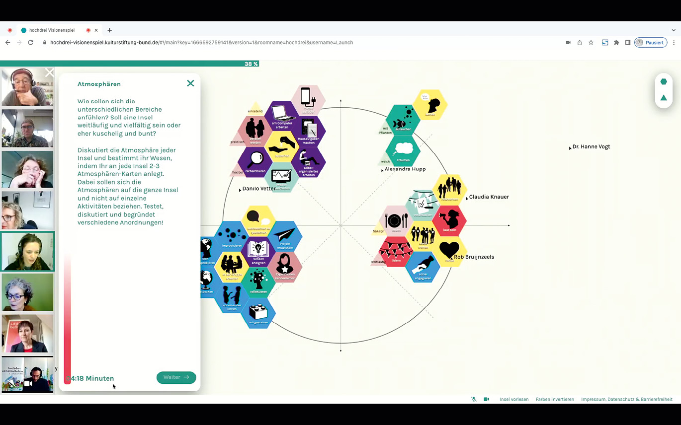 Abb. 6: In der fortgeschrittenen Diskussion: Spielbrett mit zu Inseln gruppierten Aktivitäten-Elementen. Die Spielerinnen und Spieler kommunizieren per Videostream miteinander. Szene aus dem Launch des hochdrei – Visionenspiels am 24. Oktober 2022. © Kulturstiftung des Bundes.