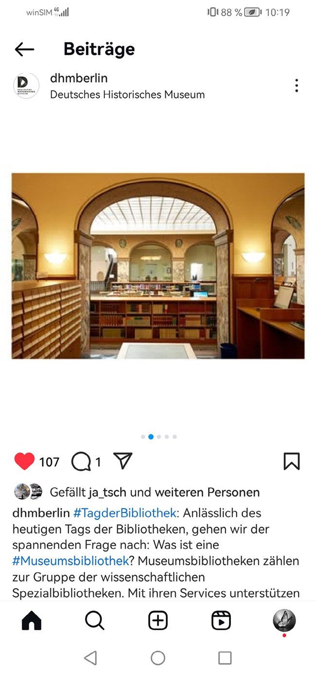 Abb. 2: Beitrag der DHM-Bibliothek zum Tag der Bibliotheken im Oktober 2024 auf dem Instagram-Kanal des DHM.