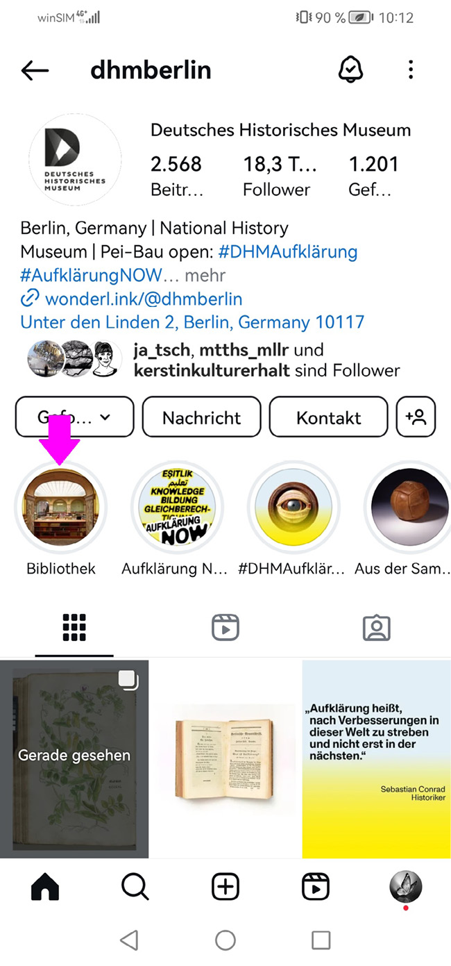 Abb. 3: Die DHM-Bibliothek als „Highlight“ auf dem Instagram-Kanal des DHM.