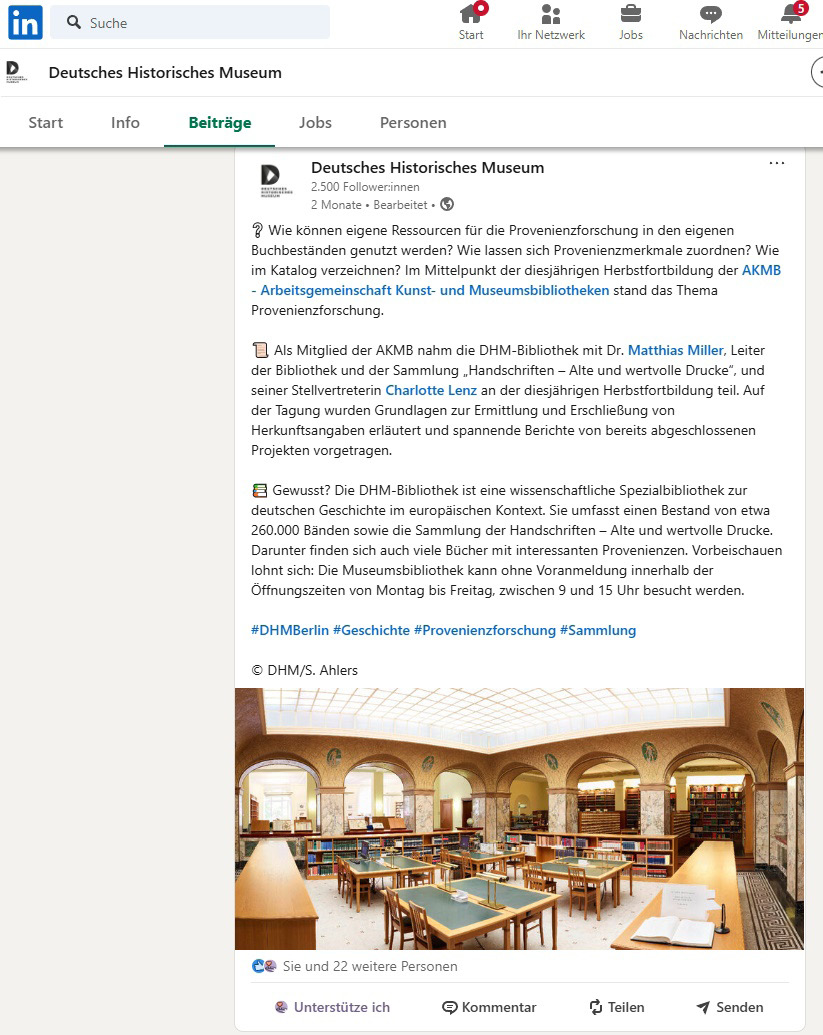 Abb. 4: Beitrag über die Teilnahme von Bibliotheksmitarbeiter*innen an der AKMB-Herbstfortbildung auf dem LinkedIn-Kanal des DHM.