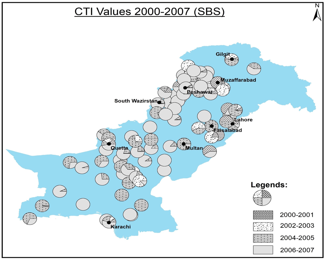 Figure 2:
City Terrorism Index (CTI) in Pakistani cities for the 2000 to 2007 period. Source: South Asian Terrorism Portal (2018). Each circle represents the CTI intensity for a given city or region in the case of FATA, Gilgit-Baltistan, and Azad Kashmir. Patterns within the pie show the accumulated value of CTI for two years (e.g. 2000–2001). Dot in the circle represents the geographic location of the labeled city in the map of Pakistan.