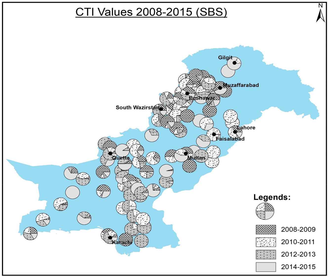 Figure 3:
City Terrorism Index (CTI) in Pakistani cities for the 2008 to 2015 period. Source: South Asian Terrorism Portal (2018). Each circle represents the CTI intensity for a given city or region in the case of FATA, Gilgit-Baltistan, and Azad Kashmir. Patterns within the pie show the accumulated value of CTI for two years (e.g. 2008–2009). Dot in the circle represents the geographic location of the labeled city in the map of Pakistan.