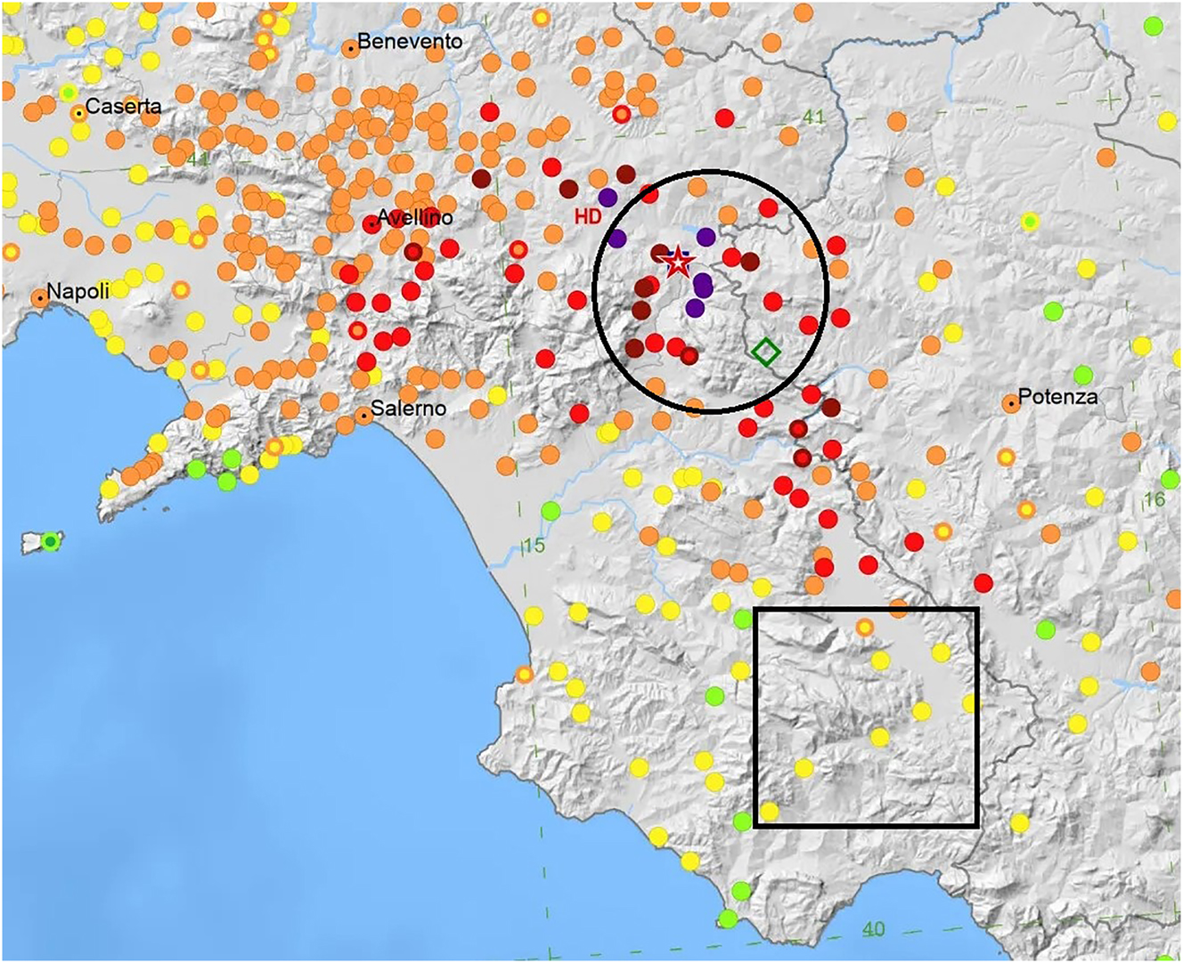 Figure 1:
Earthquake’s destruction levels measured by the Mercalli Scale. Inside the circle, villages experienced high destruction (strong colours). Inside the square, villages experienced low destruction levels (light colours). The villages of Conza della Campania and Laviano are located inside the circle (hit by the earthquake), the villages of Monte San Giacomo e Piaggine are placed within the square (not hit by the earthquake). (Data source DBMI 15 – INGV).